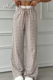 Khaki Casual Daily Plaid Lace Loose High Waist Bottoms