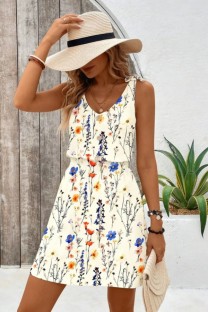 Cream White Casual Floral Print V Neck A Line Dresses