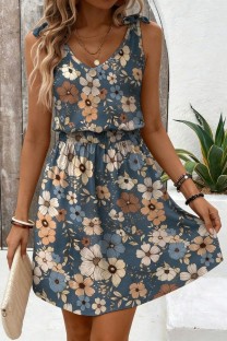 Blue Casual Floral Print V Neck A Line Dresses