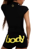 Yellow Casual Letters Mandarin Collar Short Sleeve Two Pieces