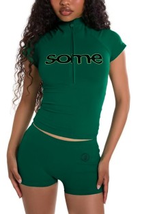 Green Casual Letters Mandarin Collar Short Sleeve Two Pieces