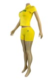 Yellow Casual Letters Mandarin Collar Short Sleeve Two Pieces