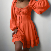 Orange Casual Solid Color Square Neck A Line Dresses