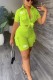 Fluorescent Green Casual Letter Print Turndown Collar Short Sleeve Two Pieces