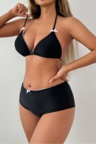 Black Casual Solid Color Swimwears