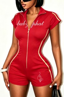 Red Casual Letter Print Zipper Turndown Collar Skinny Rompers