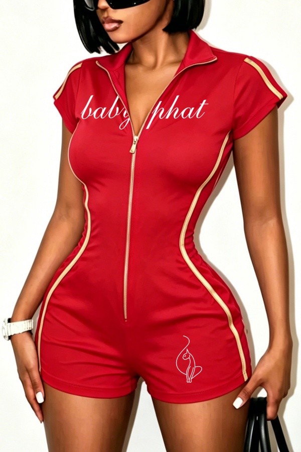 Red Casual Letter Print Zipper Turndown Collar Skinny Rompers