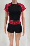 Grey Leopard Print Leopard O Neck Short Sleeve Two Pieces