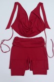 Red Sexy Solid Color V Neck Sleeveless Two Pieces