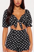 Black Sexy Casual Polka Dot Knotted Flounce Short Sleeve Two Pieces