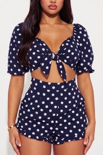 Blue Sexy Casual Polka Dot Knotted Flounce Short Sleeve Two Pieces