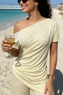 Yellow Casual Y2k Sloping Shoulder T-Shirts