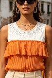 Orange Casual Street Y2k Patchwork Hot Drilling Ruffle O Neck Tops