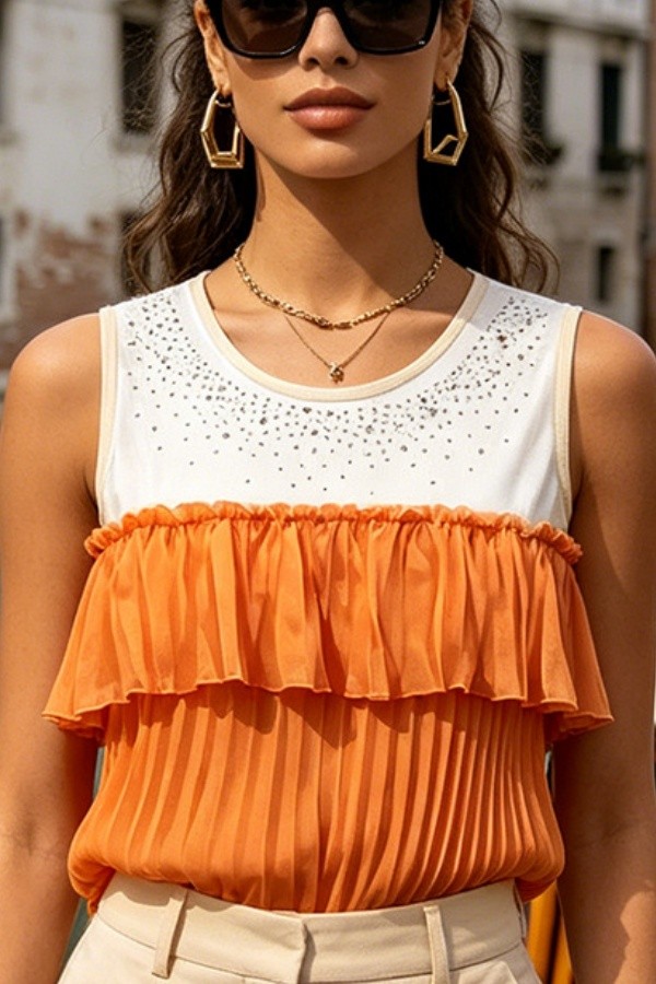 Orange Casual Street Y2k Patchwork Hot Drilling Ruffle O Neck Tops