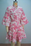 Pink Print Strap Design V Neck A Line Dresses