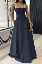 Tibetan Blue Stripe Pocket Spaghetti Strap Vest Dresses