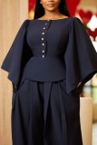 Black Casual Daily Solid Color Half Sleeve Two Pieces