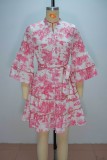 Pink Print Strap Design V Neck A Line Dresses