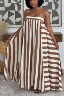 Brown Casual Stripe Ruched Spaghetti Strap Sling Dresses