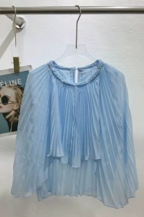 Blue Irregular Pleated Irregular Hem O Neck Tops