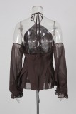 Deep Coffee Sexy Ruffle Halter Tops
