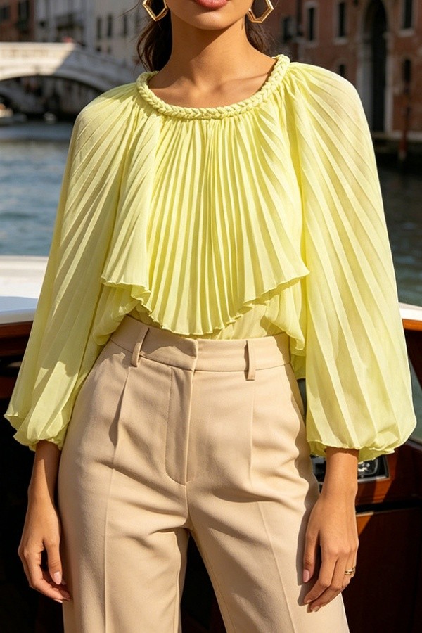 Yellow Irregular Pleated Irregular Hem O Neck Tops