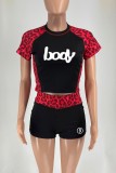 Red Sexy Street Sportswear Patchwork Leopard Print Patchwork Leopard O Neck Short Sleeve Two Pieces