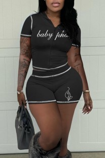 Black Sexy Casual Sportswear Y2k Zipper Cardigan Contrast Zipper Collar Short Sleeve Two Pieces