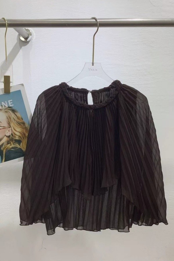 Black Irregular Pleated Irregular Hem O Neck Tops