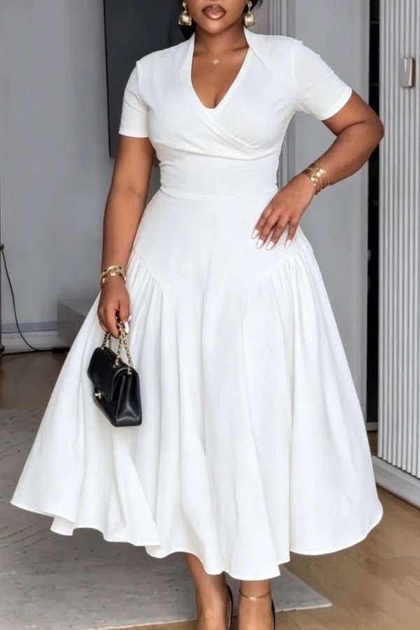 White Plus Size Formal Solid Color V Neck A Line Plus Size Dresses