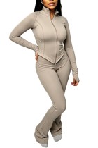 Grey Casual Sportswear Solid Color Cardigan Collar Long Sleeve Two Pieces