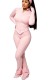 Pink Casual Sportswear Solid Color Cardigan Collar Long Sleeve Two Pieces
