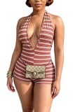 Khaki Sexy Stripe V Neck Skinny Rompers