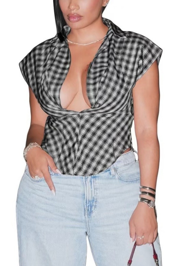 Black Plaid V Neck Tops