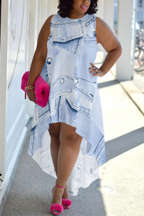 Light Blue Casual Print Irregular O Neck Sleeveless Plus Size Dresses