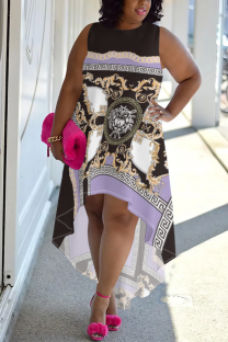 Black Purple Casual Print Irregular O Neck Sleeveless Plus Size Dresses