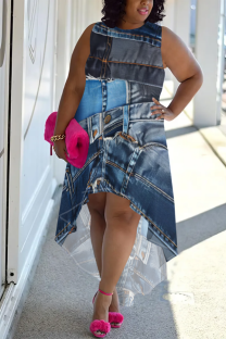 Multicolor Casual Faux Denim Print Irregular O Neck Sleeveless Plus Size Dresses