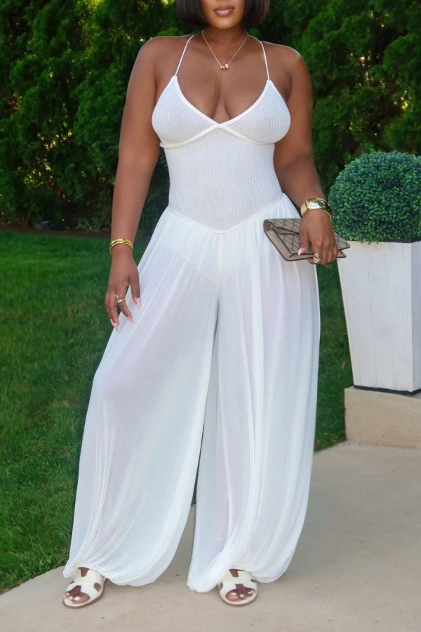White Sexy Street Solid Color Basic Halter Regular Jumpsuits