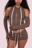 Brown Sexy Casual Street Solid Color Cardigan Collar Two Pieces