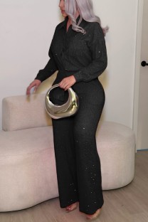 Black Casual Daily Solid Color Turndown Collar Long Sleeve Two Pieces