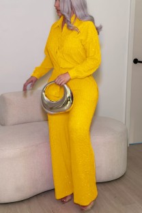 Yellow Casual Daily Solid Color Turndown Collar Long Sleeve Two Pieces