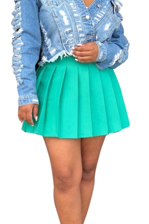 Cyan Casual Daily Solid Color Pleated High Waist Type A Solid Color Bottoms