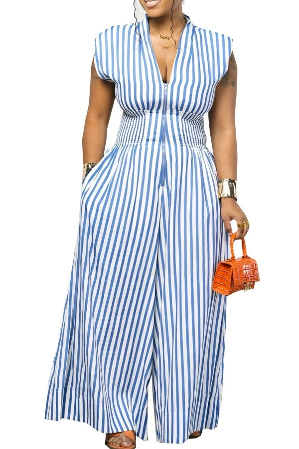 Blue Casual Street Daily Stripe V Neck Regular Jumpsuits