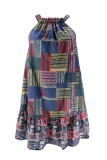 Navy Blue Casual Colorblock Print Halter A Line Dresses