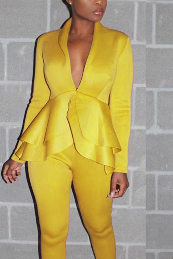 Yellow Business Wear Daily Solid Color V Neck Long Sleeve Two Pieces