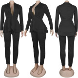 Yellow Business Wear Daily Solid Color V Neck Long Sleeve Two Pieces