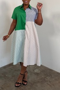 Green Casual Sportswear Daily Y2k Stripe Patchwork Shirt Collar Shirt Dresses