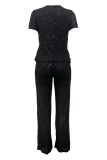 Black Sexy Street Y2k Solid Color O Neck Short Sleeve Two Pieces