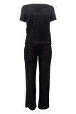 Black Sexy Street Y2k Solid Color O Neck Short Sleeve Two Pieces