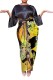 Black Sexy Casual Street Party Bohemian Patchwork Irregular Printed O Neck Half Sleeve Two Pieces